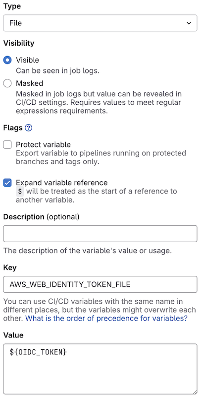 AWS_WEB_IDENTITY_TOKEN_FILE project CI variable settings